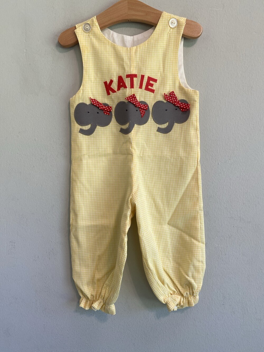 Handmade Katie Elephant Applique Yellow Gingham Overalls 2T